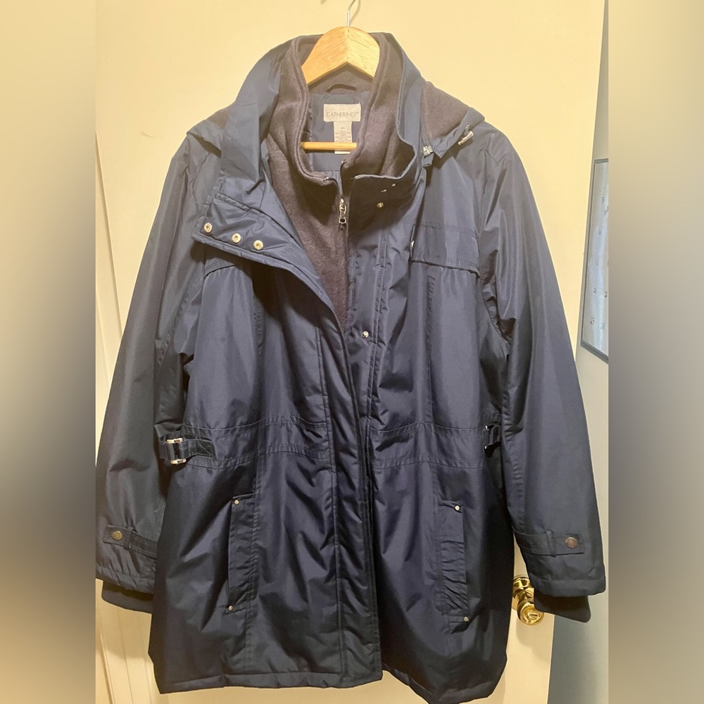 32” long, size 3x, navy blue winter coat by Catherine’s